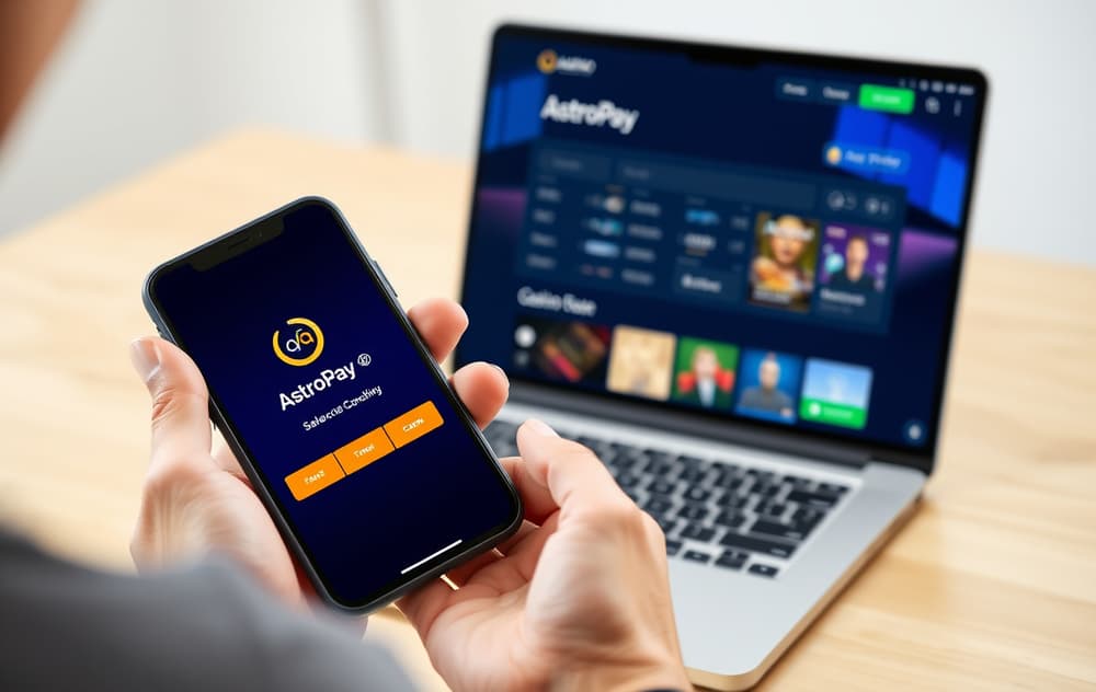 Smarttelefon med AstroPay-app og laptop med casino kasse som viser AstroPay betalingsmetode