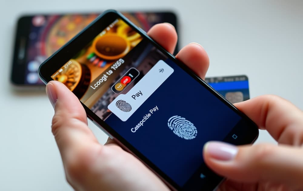 Hånd som holder Android-telefon med Google Pay-betaling på casinokassen, kredittkort ved siden av.