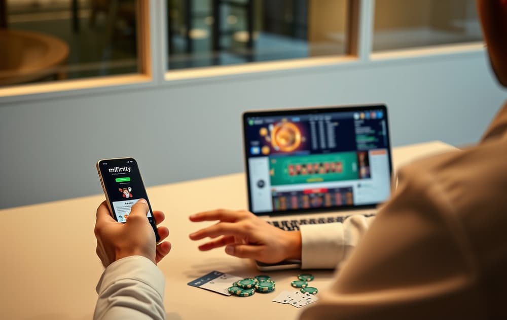 En person med MiFinity-app på mobilen og et casino på laptopen, med kort og sjetonger på bordet.