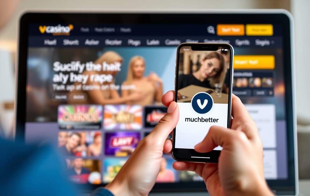 Person som holder en mobiltelefon med MuchBetter-appen åpen, bakgrunn med et nettcasino på en dataskjerm.