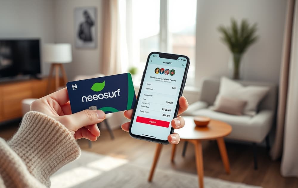 En person som holder et Neosurf-forkortskort og en mobiltelefon med et casino-innskuddsskjermbilde.