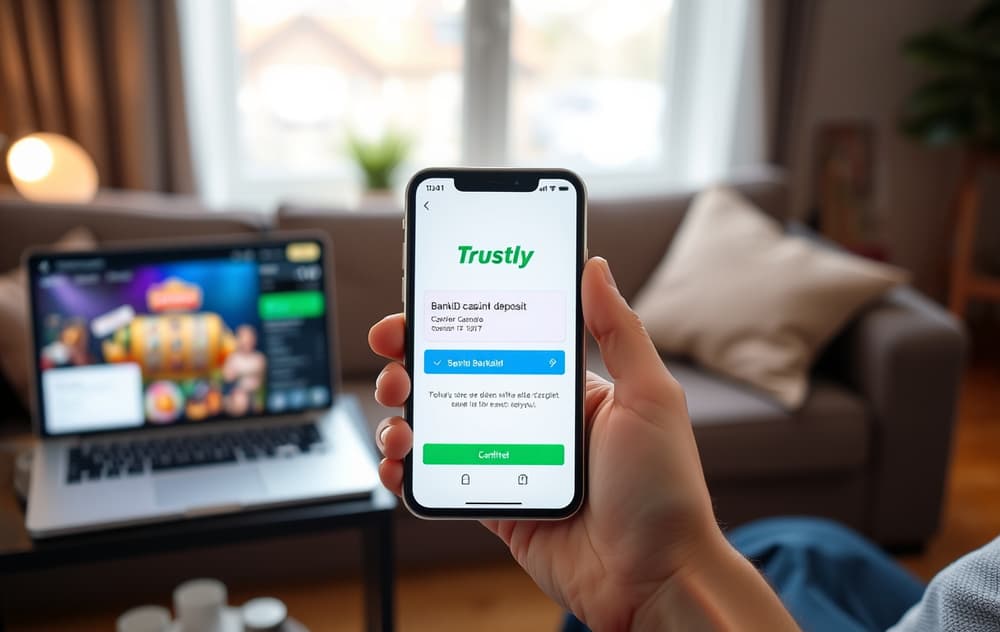 Person som godkjenner et casinoinnskudd med Trustly via BankID på mobilen.