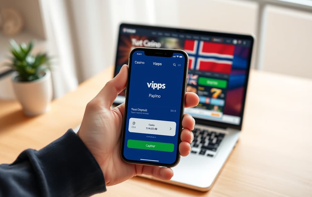 Person med Vipps-app på mobilen, bekrefter betaling til et casino nettsted på laptop.