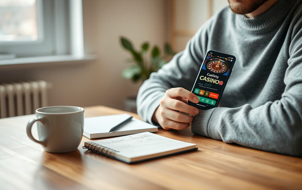 En person i 30-årene sitter ved et bord med en mobiltelefon som viser et casino-app, kaffekopp og notatbok ved siden av