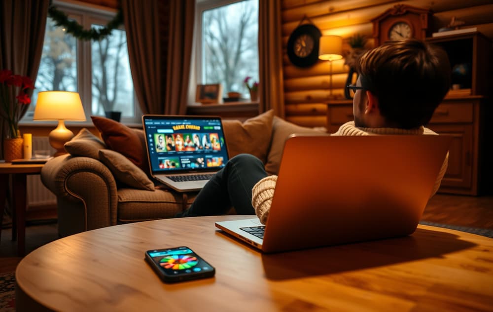 Person som spiller på et nettcasino via laptop og mobil i en norsk stue
