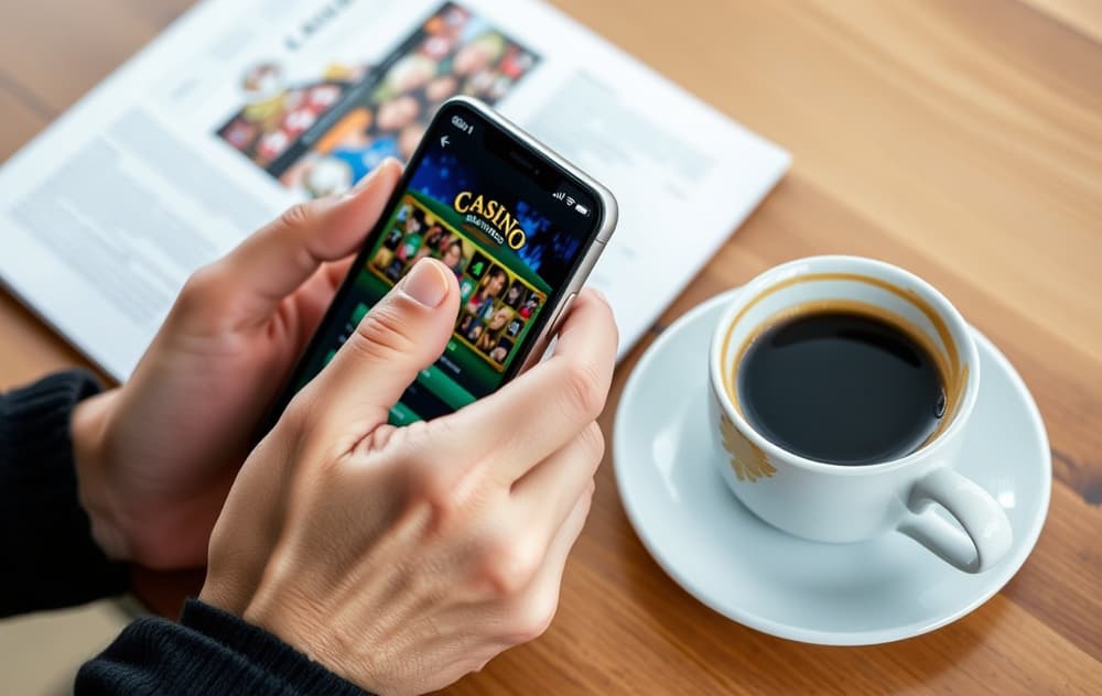 Hånd som holder mobil med casino-app på et bord med kaffekopp