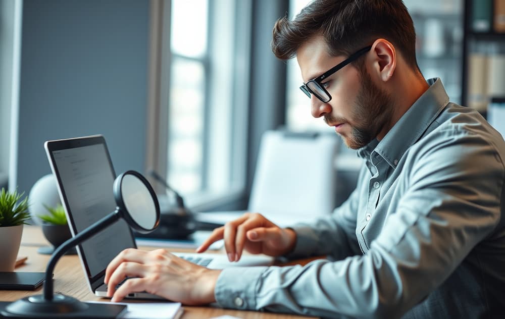 Person som leser vilkår på laptop med forstørrelsesglass