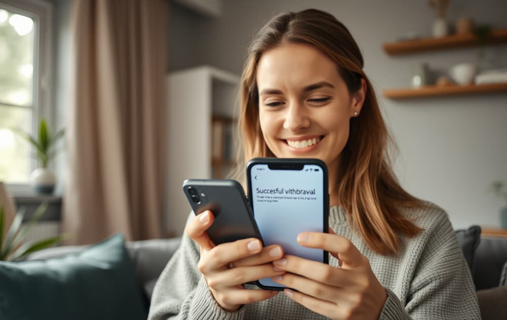 Person som får melding om vellykket uttak på mobilen