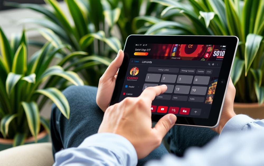 Person som setter innskuddsgrenser på nettcasino via nettbrett