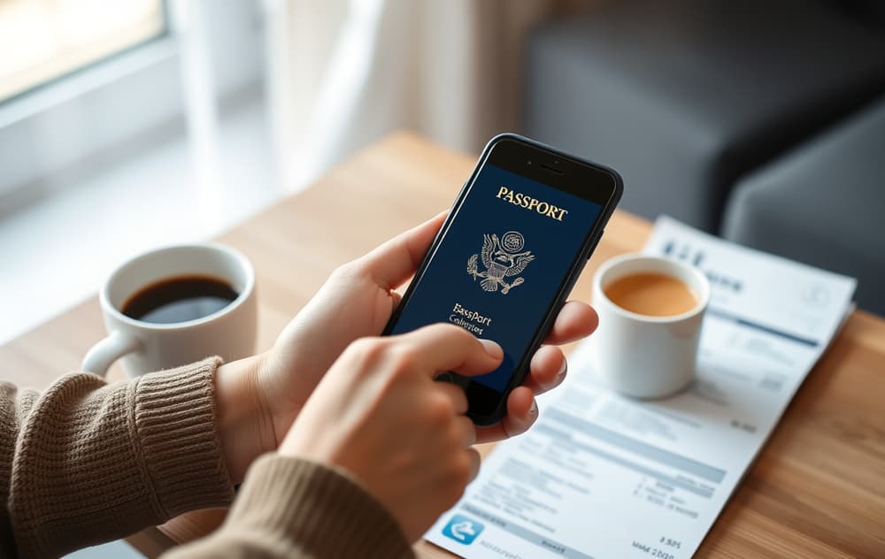 Person som verifiserer casino-konto med mobiltelefon, pass og strømregning på bordet.