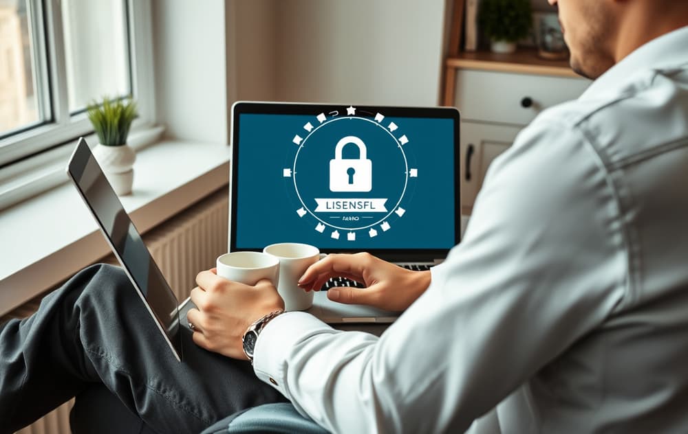 Person som sjekker lisensinformasjon på et nettcasino på laptop
