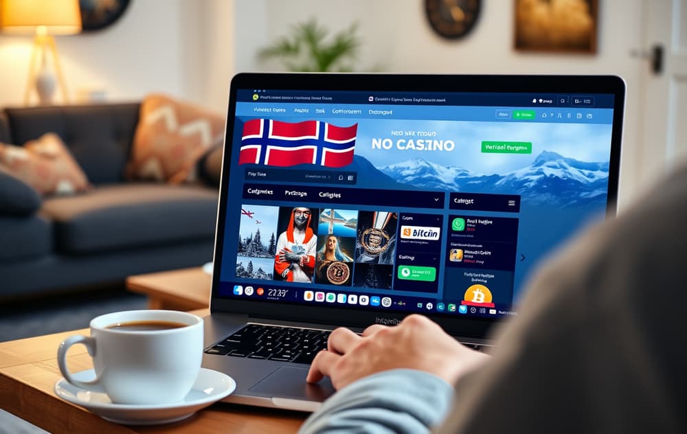 Person som spiller på nettcasino på laptop med norske flagg og betalingsikoner