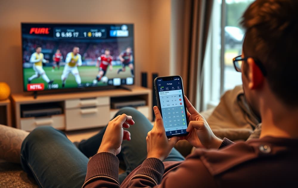 Person som sammenligner odds på mobilen foran en TV med fotballkamp