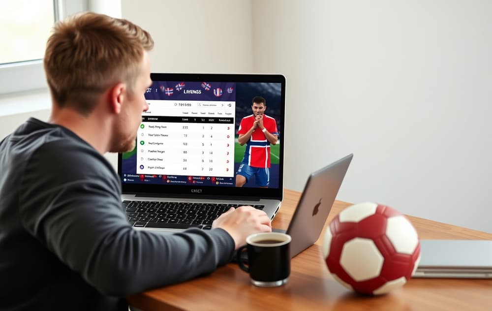 Norsk fotballfan sammenligner odds på laptop med kaffekopp og fotball på bordet
