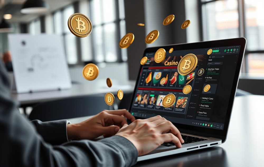 Person som spiller på kryptocasino med Bitcoin-symboler på skjermen