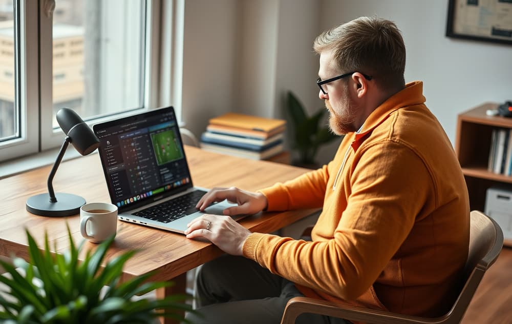 En person som analyserer odds på en laptop med en fotballkamp på skjermen, på et moderne kontor.