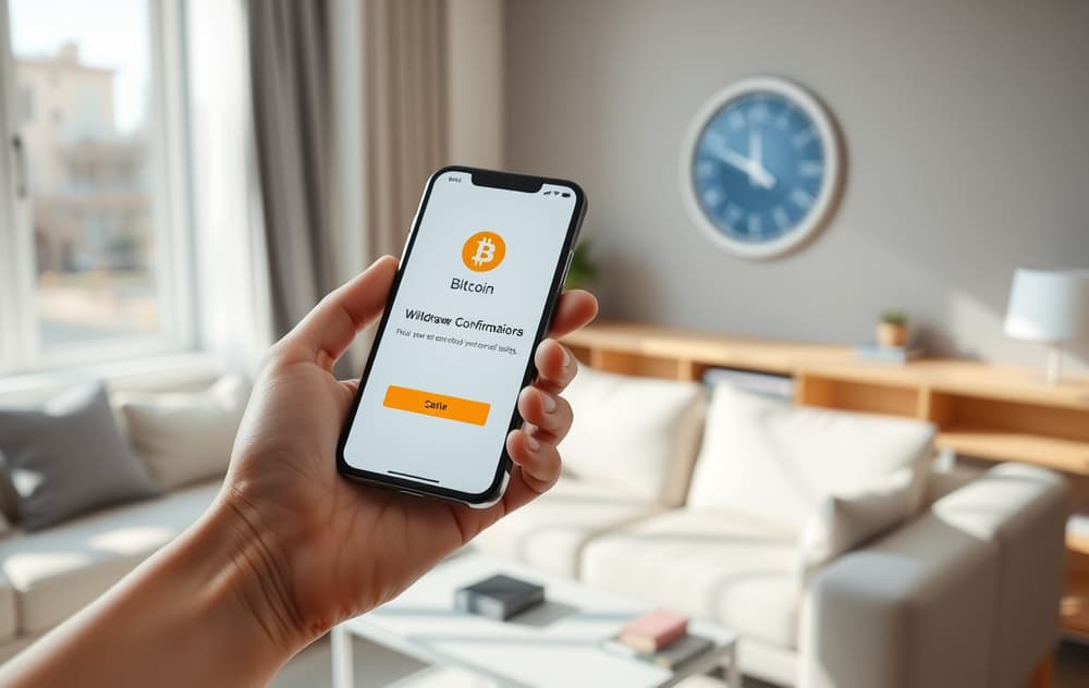Person som holder en mobiltelefon med uttaksbekreftelse og Bitcoin-symbol