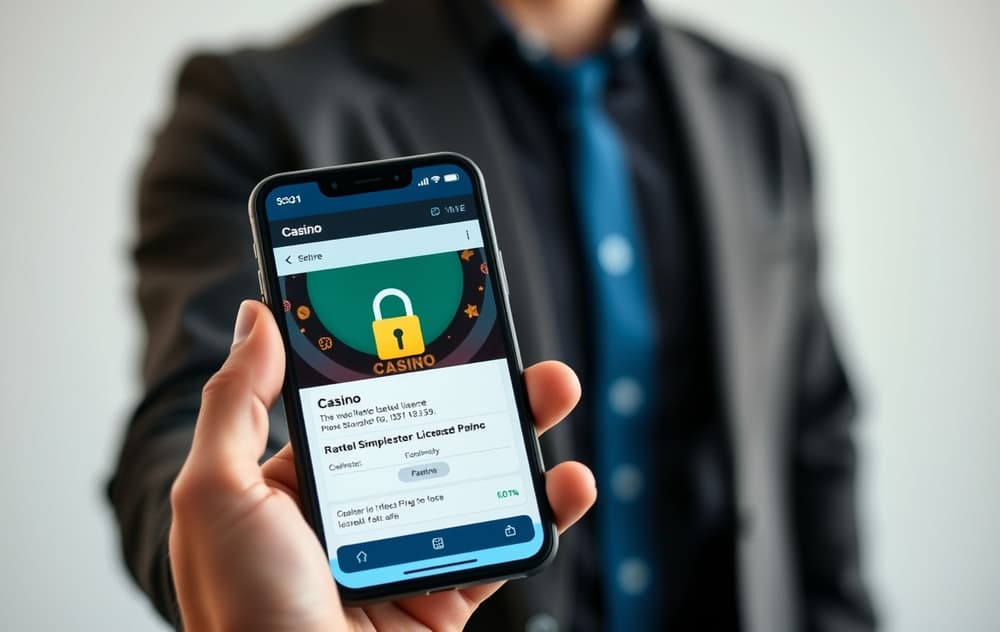 Person som holder en mobiltelefon med et casino på skjermen, hengelås-ikon synlig.