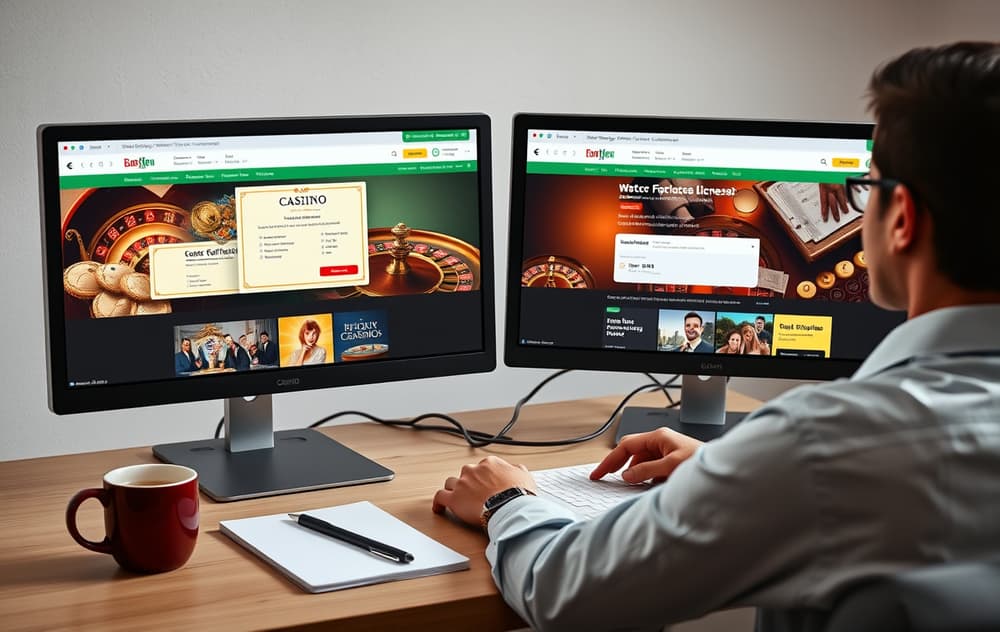 Person som sammenligner casinoer på to skjermer, med lisenssertifikat og uttaksbekreftelse synlig