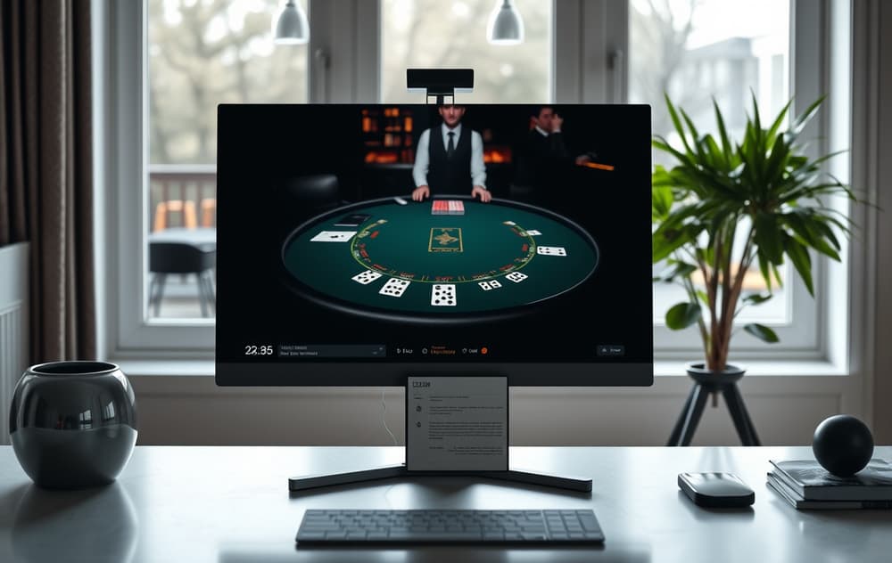 Live dealer blackjack på dataskjerm med strategikort