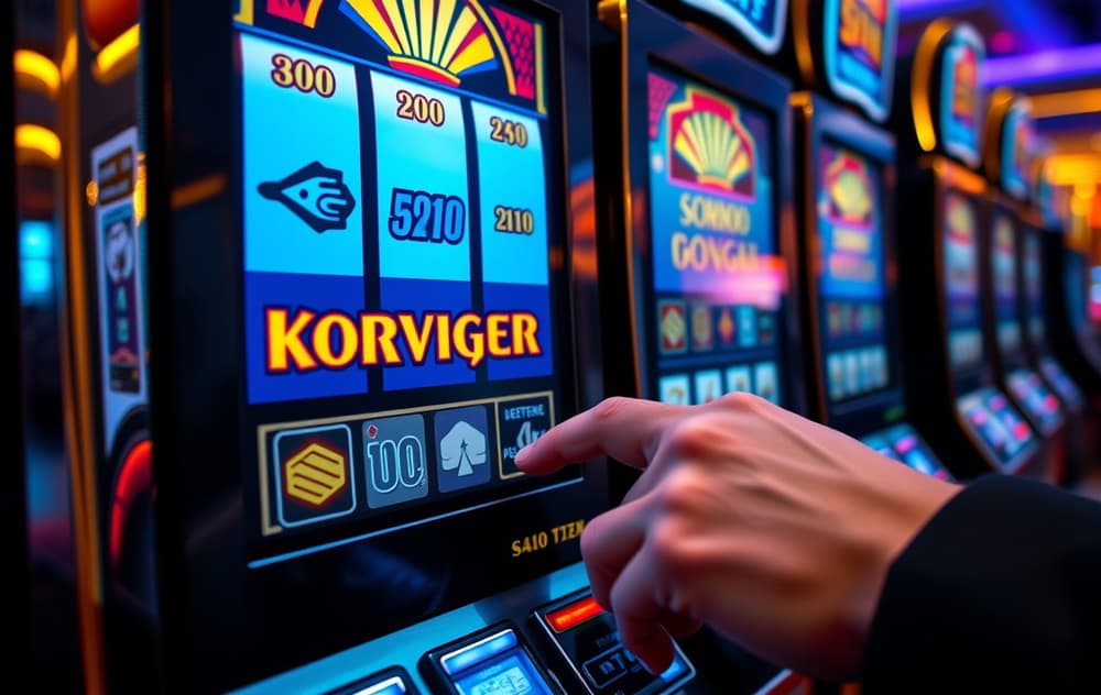 Spilleautomat med progressiv jackpot-tavle som viser stort premiebeløp i norske kroner, en hånd trykker på spinn-knappen.