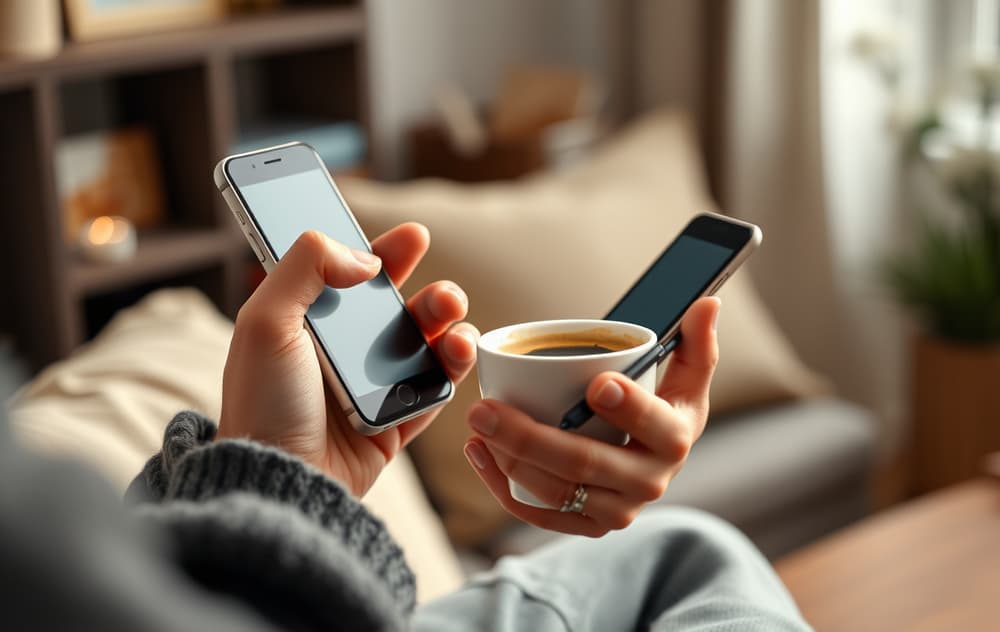 Person som spiller lotto på mobiltelefon i en stue