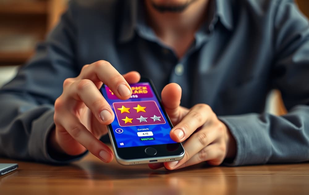 En person skraper et digitalt skrapelodd på en mobiltelefon ved et skrivebord